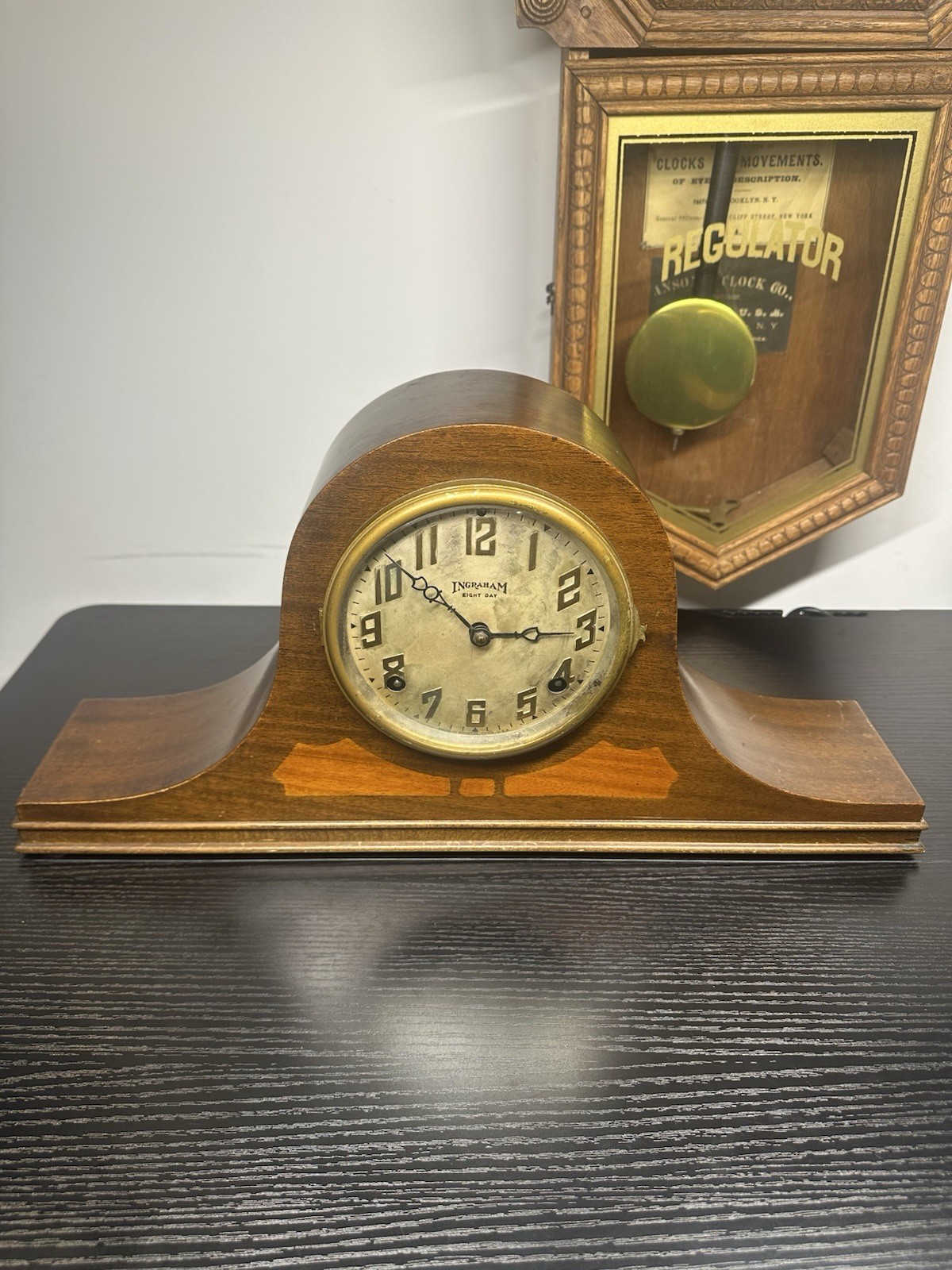 Antique 1925 E. Ingraham 8 Day Tambour Mantel Clock Working Chime Key Pendulum