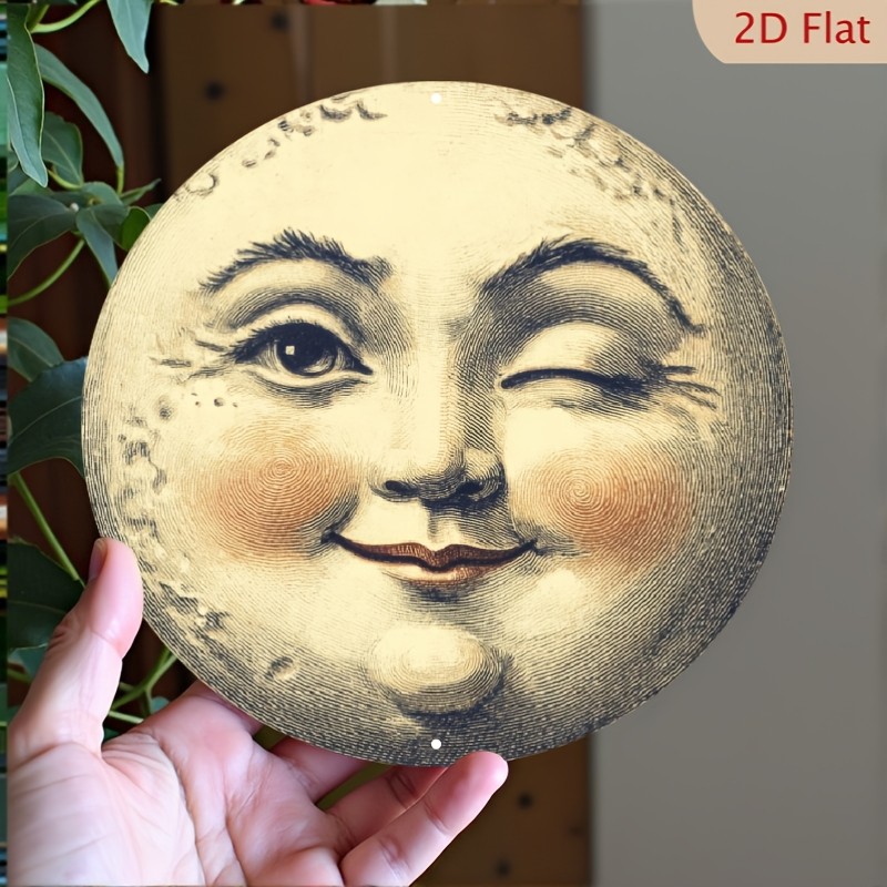 Vintage Smiling Moon Face Round Aluminum Tin Metal Signs Home Décor 8x8 Antique 
