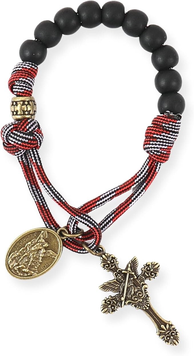 St Michael Antique Bronze One Decade Paracord Rosary Black Beads Pocket Rosary