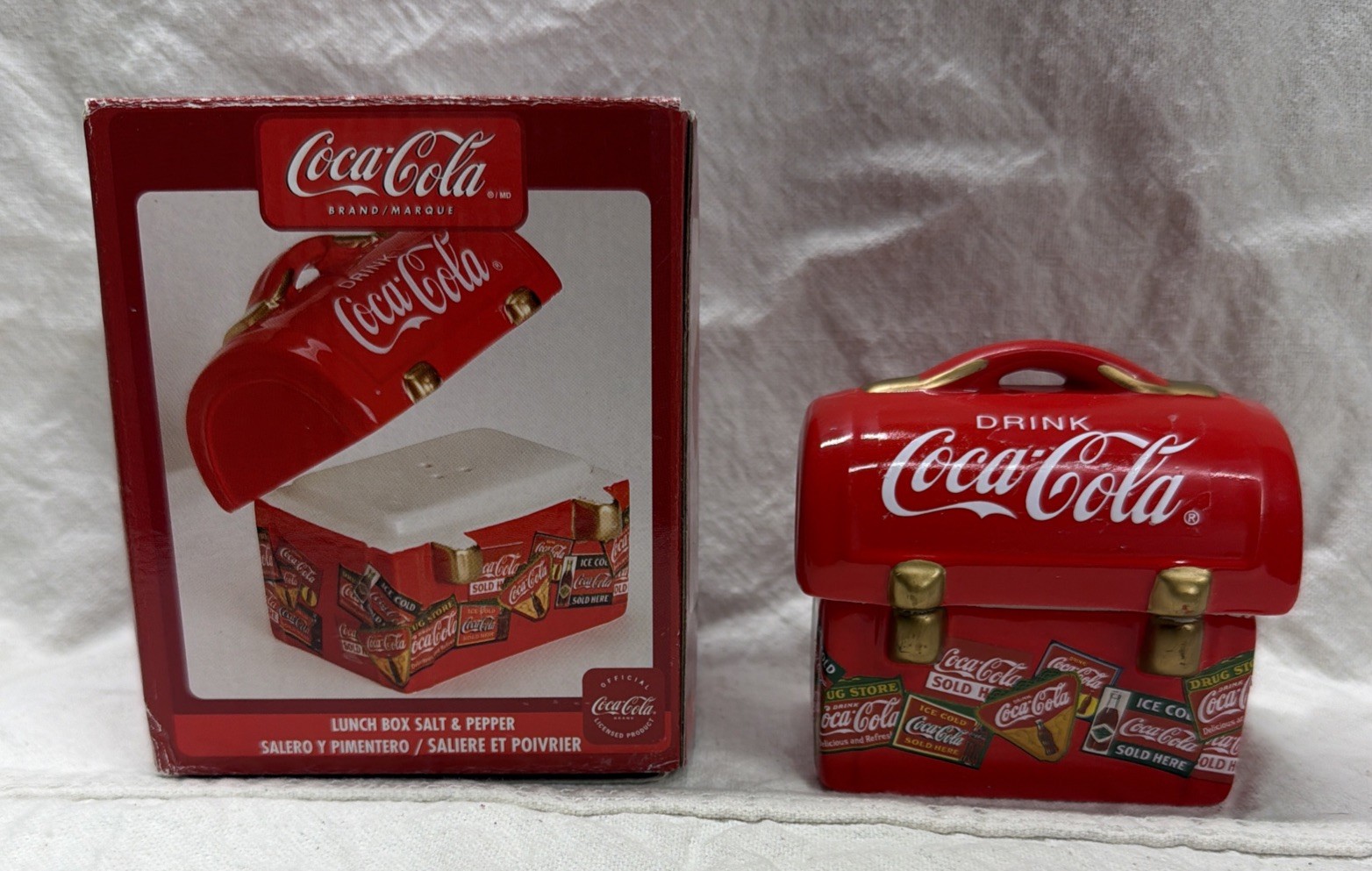 Vintage Red Coca-Cola Ceramic Lunchbox Salt & Pepper Shakers Set