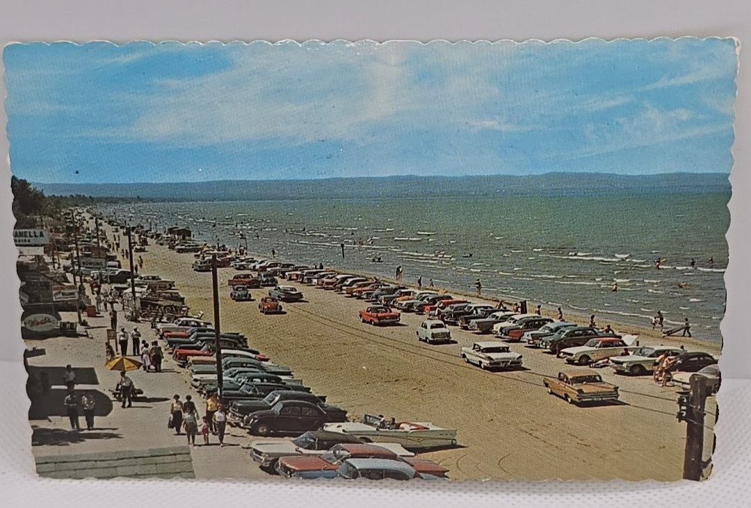 Vintage 1968PM Wasaga Beach on Georgian Bay Ontario Canada Cars VW Bugs Postcard