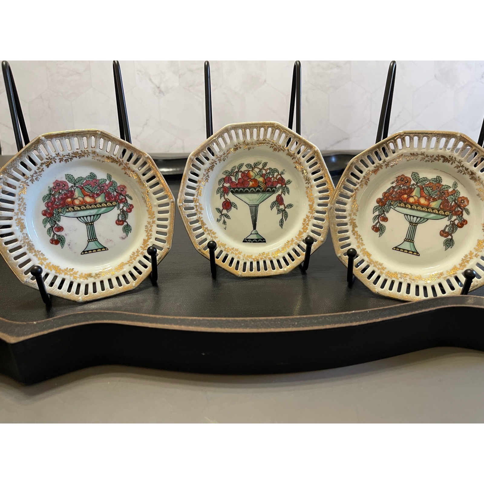 Vintage Germany 202 Reticulated Porcelain Nut Dishes Fruit Gilt Set of 3 4.25\