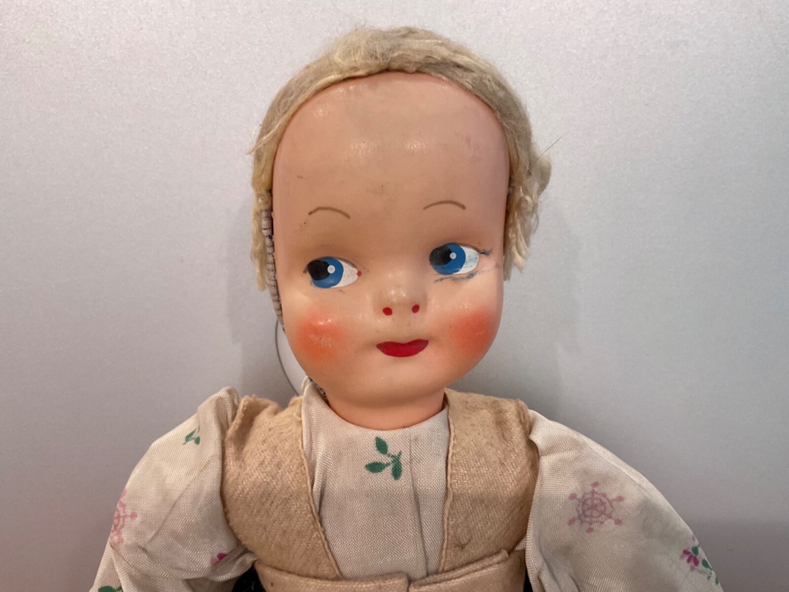 VTG/ANTIQ HANDMADE JOINTED POLISH GIRL DOLL EARLY CELLULOID OR PLASTIC FACE 15”