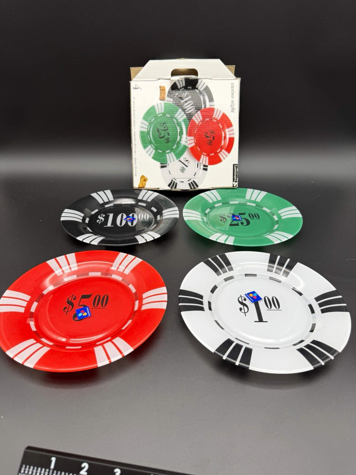 Luminarc Casino Night Glass Snack Plates Set of 4 Poker Chip 8 Inch Appetizer