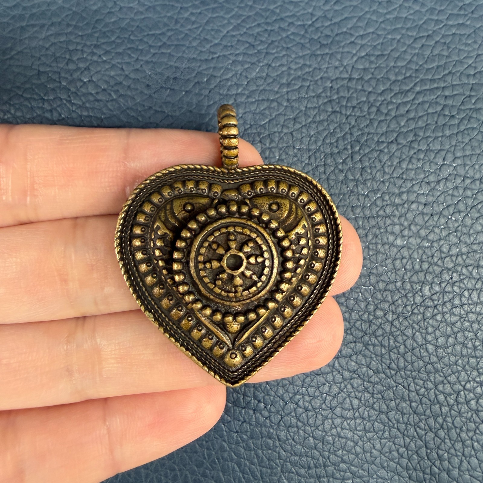 Vintage Chinese Tibetan Brass Heart Pendant Box Yellow Li-Ma Copper Amulet