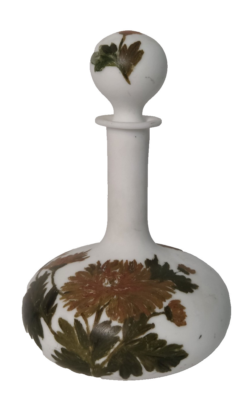 VTG Hand Blown Milk Glass Boudoir Barber Bottle Hand Painted Flowers