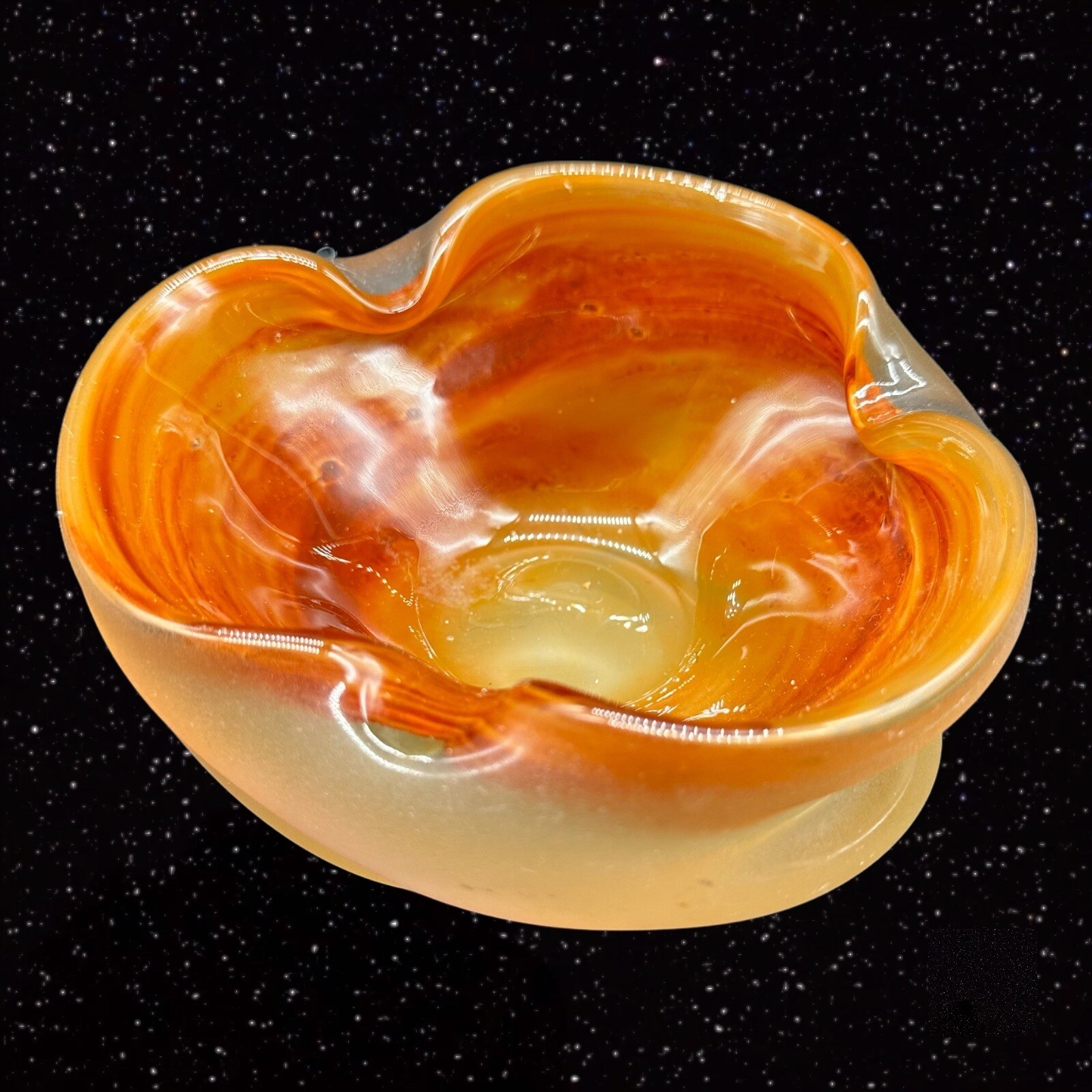 Vintage Czech Bohemian Glass Ashtray 1950s Hand Made Orange Bowl 5”W 2”T
