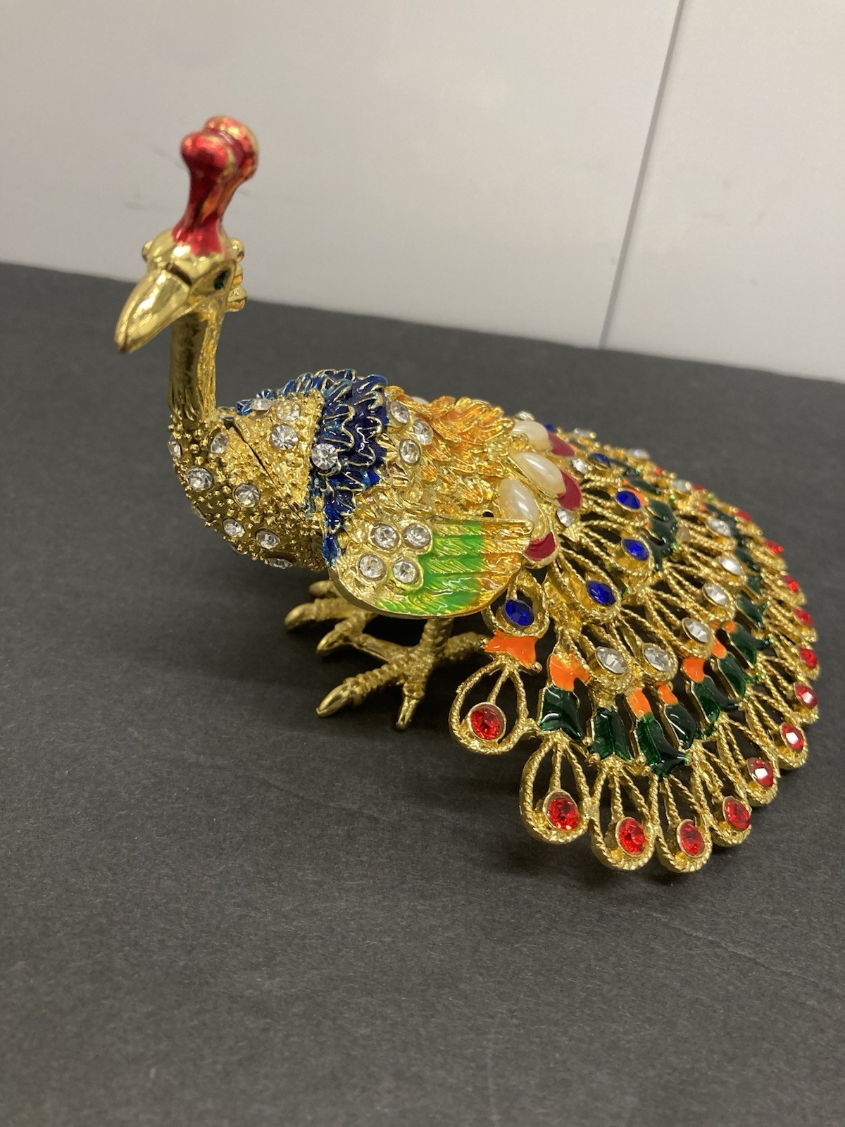 Peacock Trinket Box. Hand Set Multi Color With Large Rhinestone Gold-Tone
