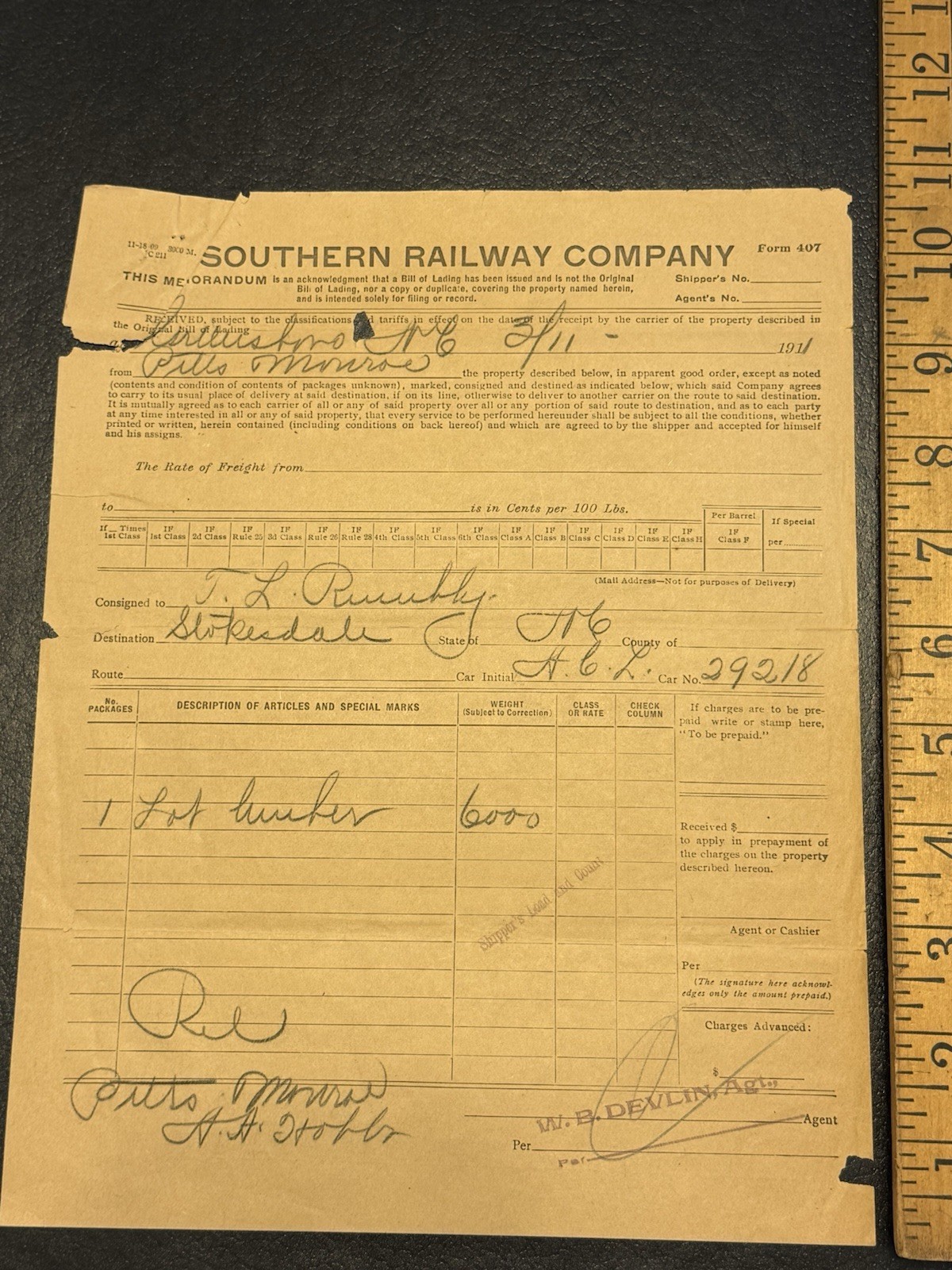 1911 Southern Railway Bill Lading Lumbar Stokesdale NC Trail Railroad