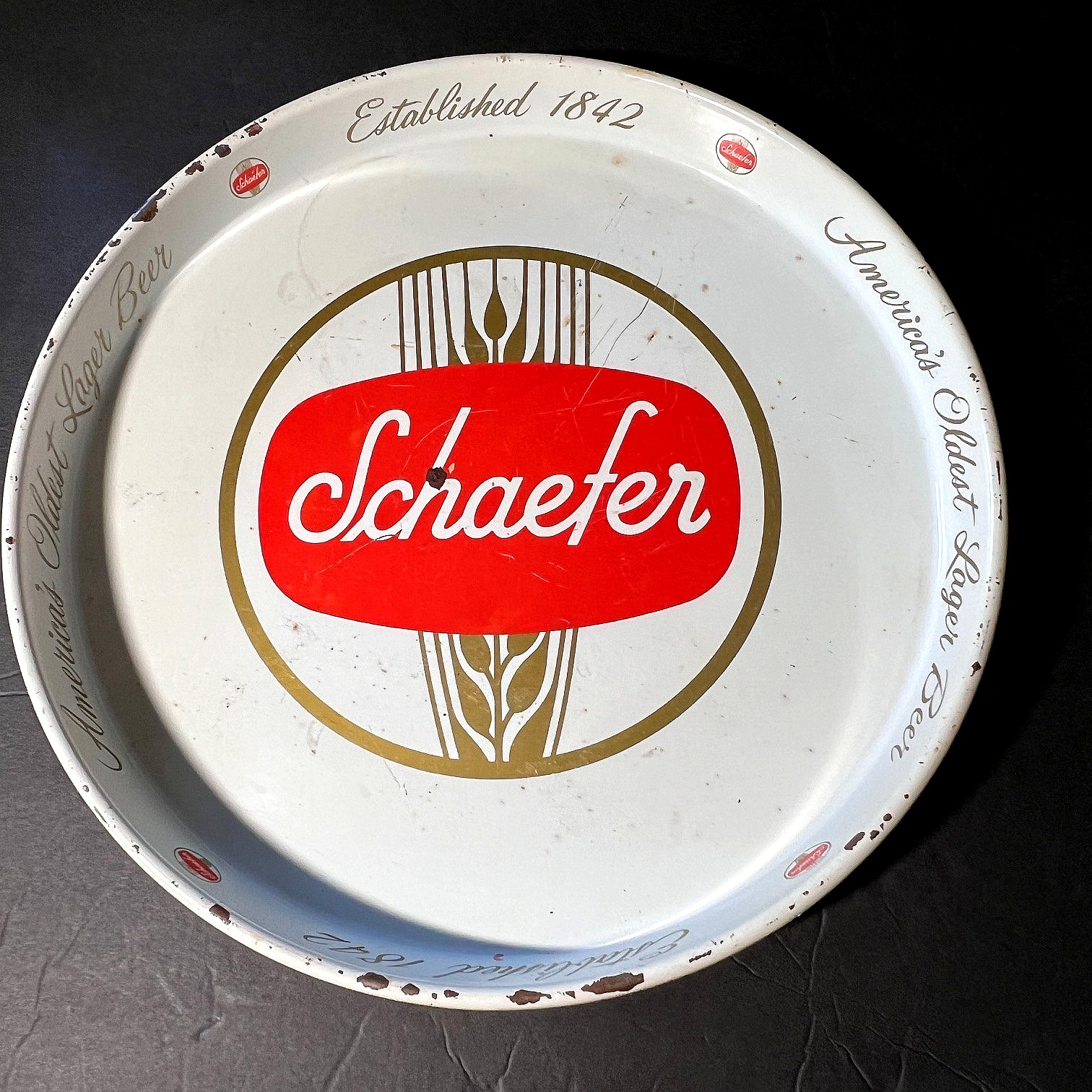 Vtg Schaefer Beer Metal Serving Tray Lots of Character Rust, Scratches, Scuffs Vtg Schaefer Beer Metal Serving Tray Lots of Character Rust, Scratches, Scuffs