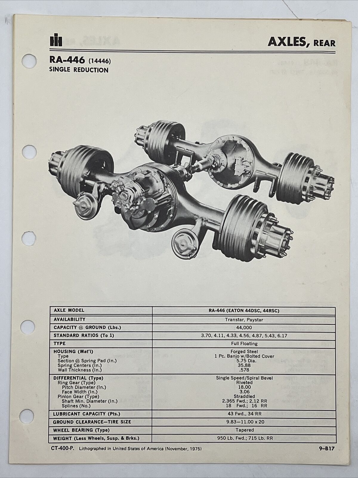 1975 INTERNATIONAL HARVESTER TRUCKS REAR AXLES RA-446 SINGLE REDUCTION Brochure