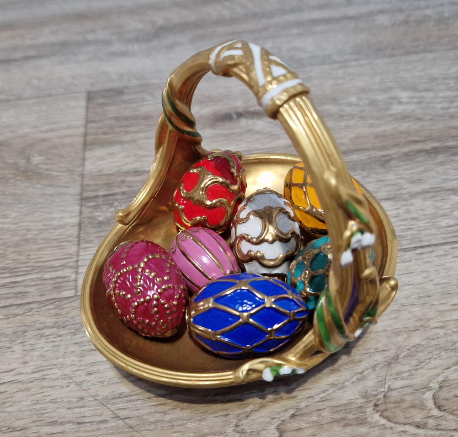 House of Faberge Franklin Mint Spring Egg Basket 24K Complete With 7 Eggs