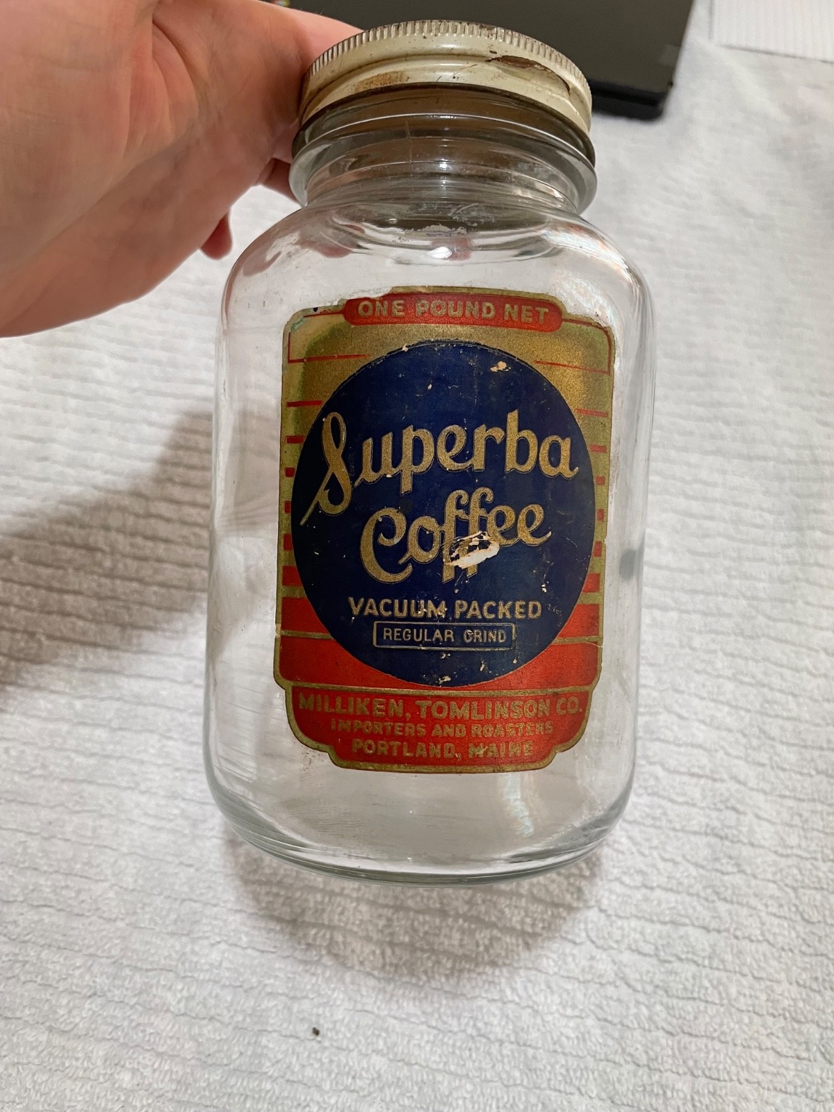 Superba Coffee Glass Jar Paper LAbel Wrong Lid One Pound Maine (read) Wrong Lid