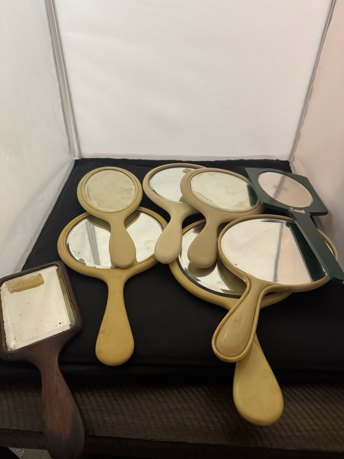8~Vintage 1920\'s Art Deco Ivory Celluloid French Vanity Hand Mirror