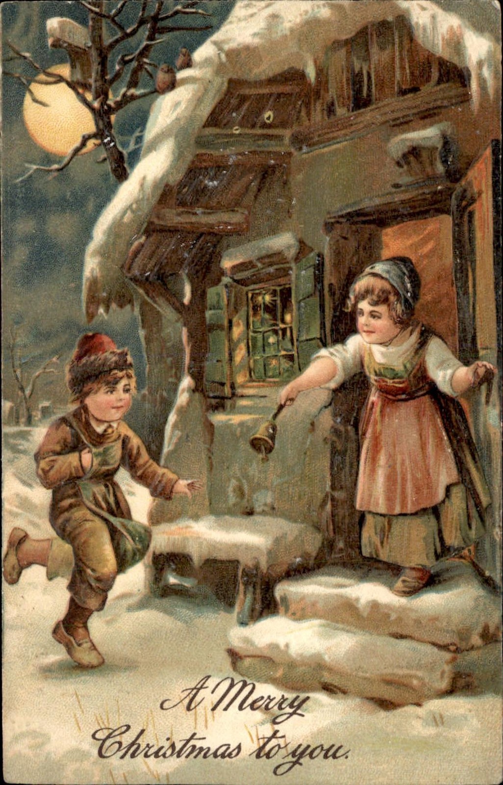 Christmas Children in Snowy Cottage Scene P F c1900s-10s Vintage Postcard