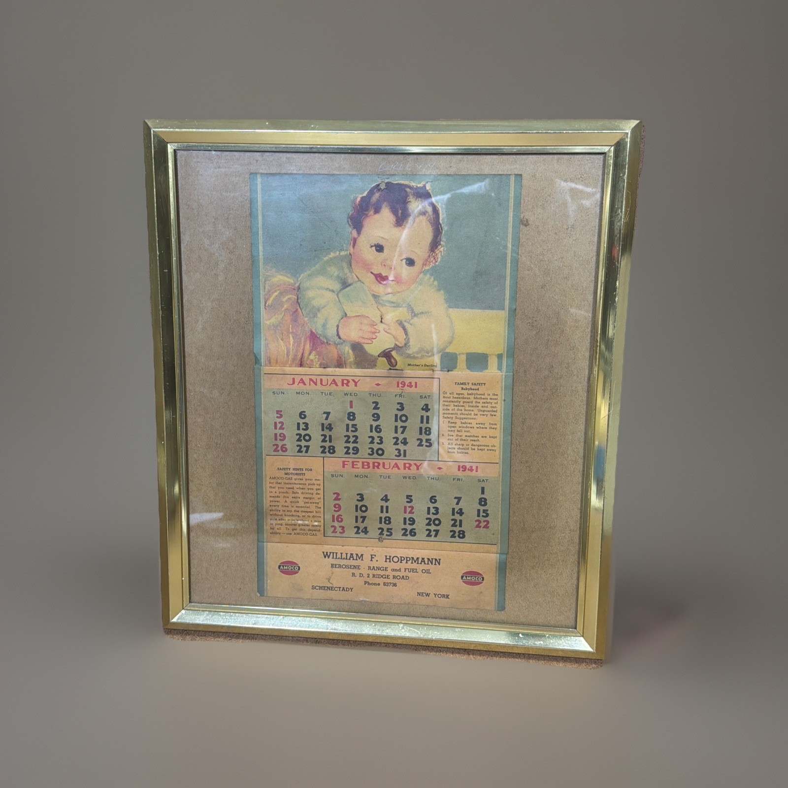 1941 AMOCO Framed Calendar PETROLIANA Mother’s Darling SCHENECTADY NY 17.5x15.5”