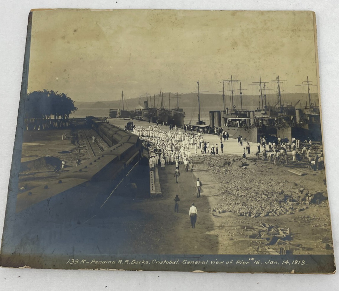ANTIQUE 1913 PANAMA CANAL R.R. DOCKS CRISTOBAL GENERAL VIEW OF PIER B&W PHOTO