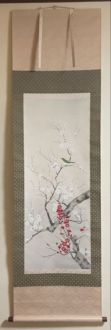 Japanese Hanging Scroll, Red & White Plum Print, Antique, W183cm