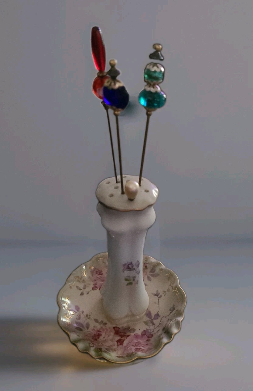VictorianAntique R&S Germany Porcelain Hat Pin Holder with 4 hat pins. C. 1910's
