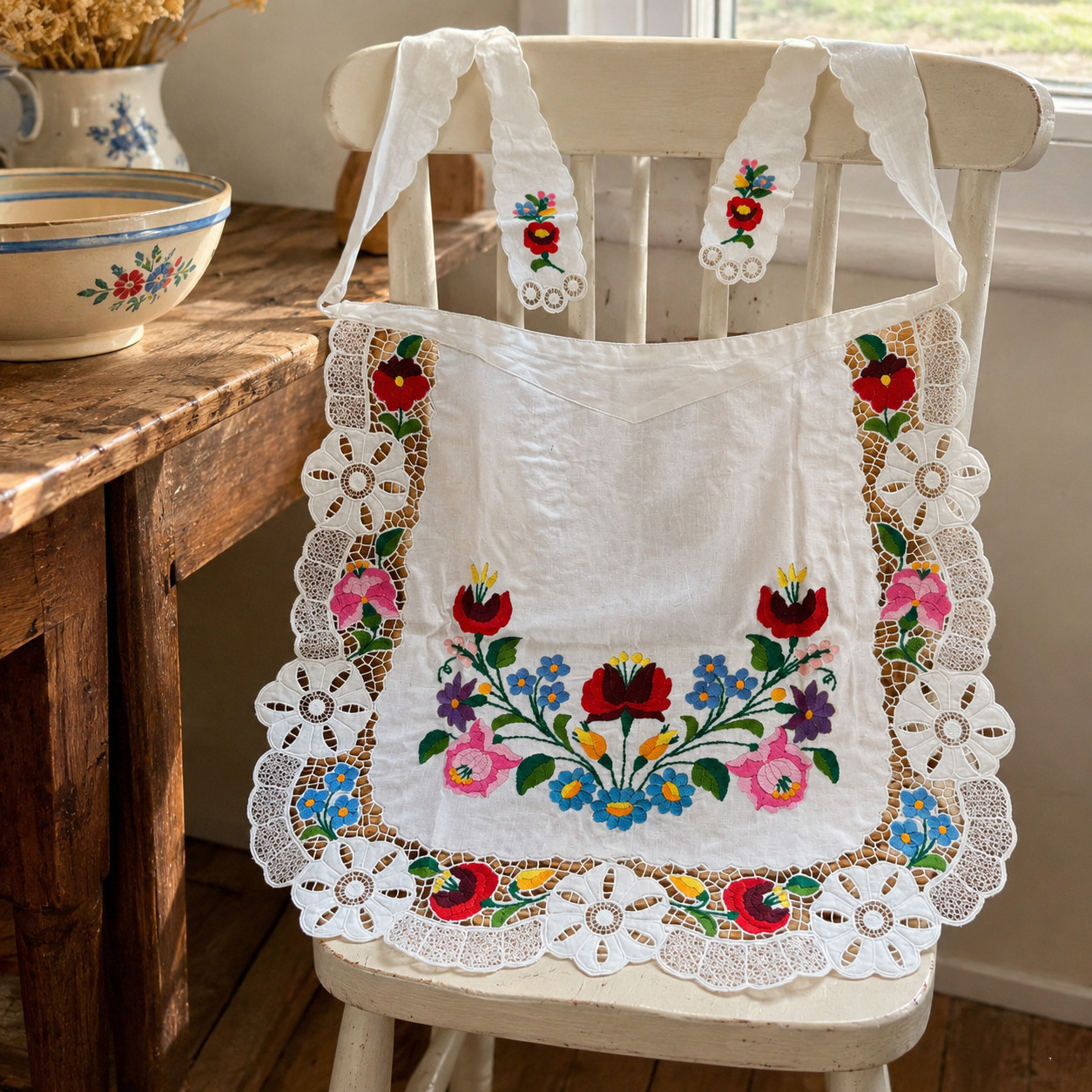 Vintage 1987 Hungarian Kalocsa Embroidered Apron Handmade Folk Art Cutwork