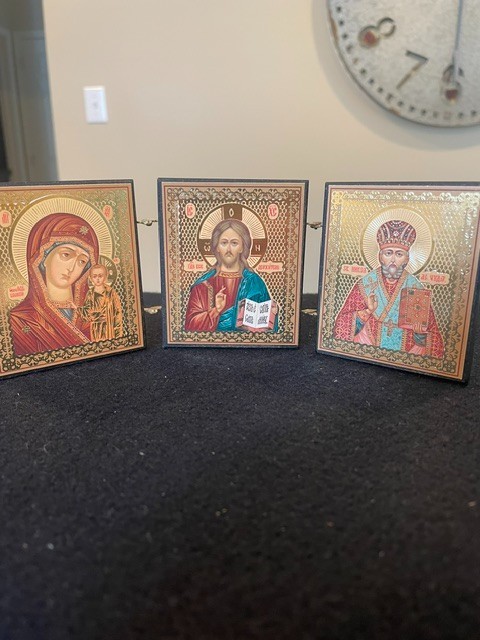 VNT. Eastern Orthodox Folding Travel Icon 3 Part Bless Mother/Jesus/St Nicholas