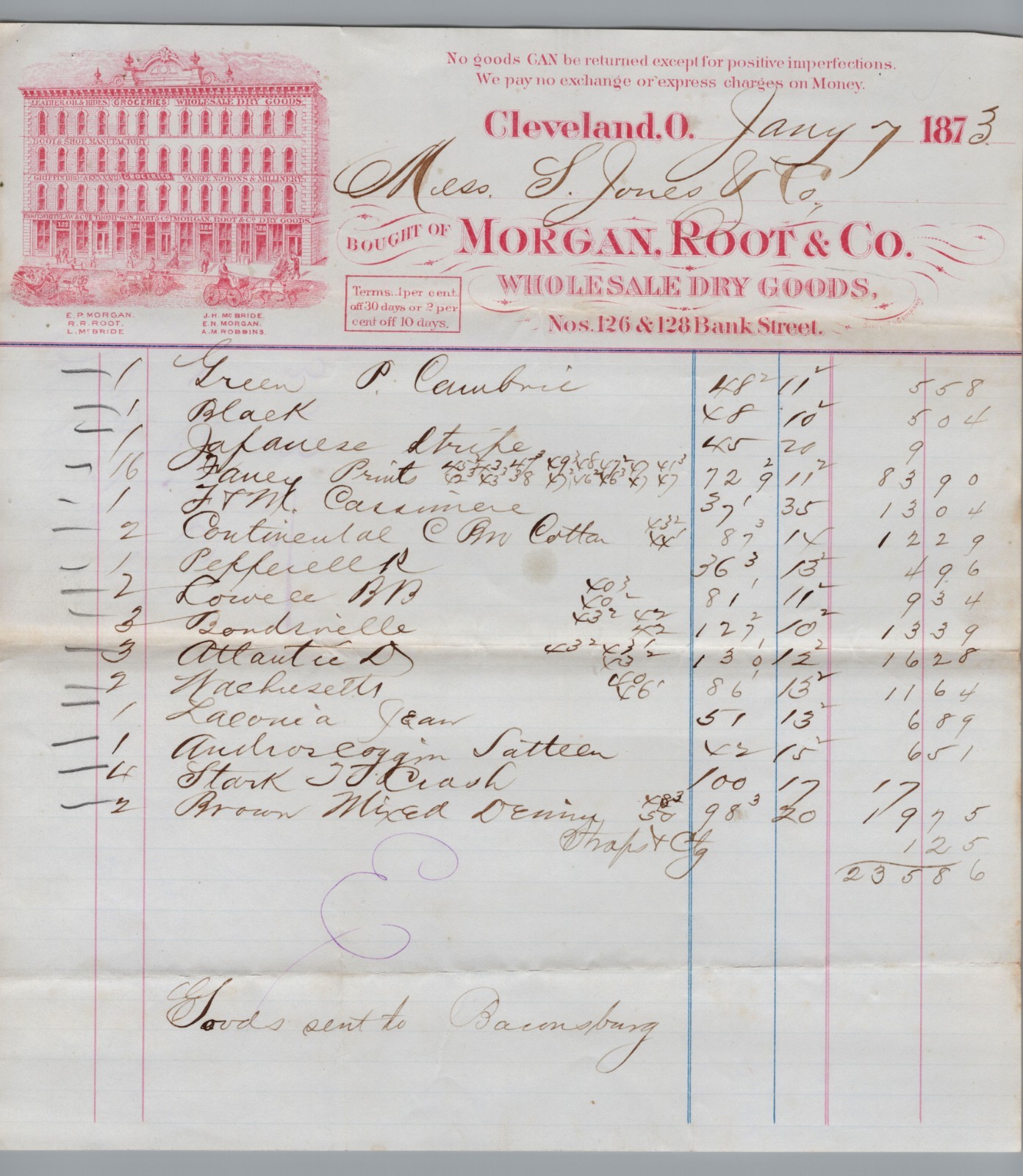 1873 Billhead Morgan, Root & Co Dry Goods, Cleveland, OH - Scarce
