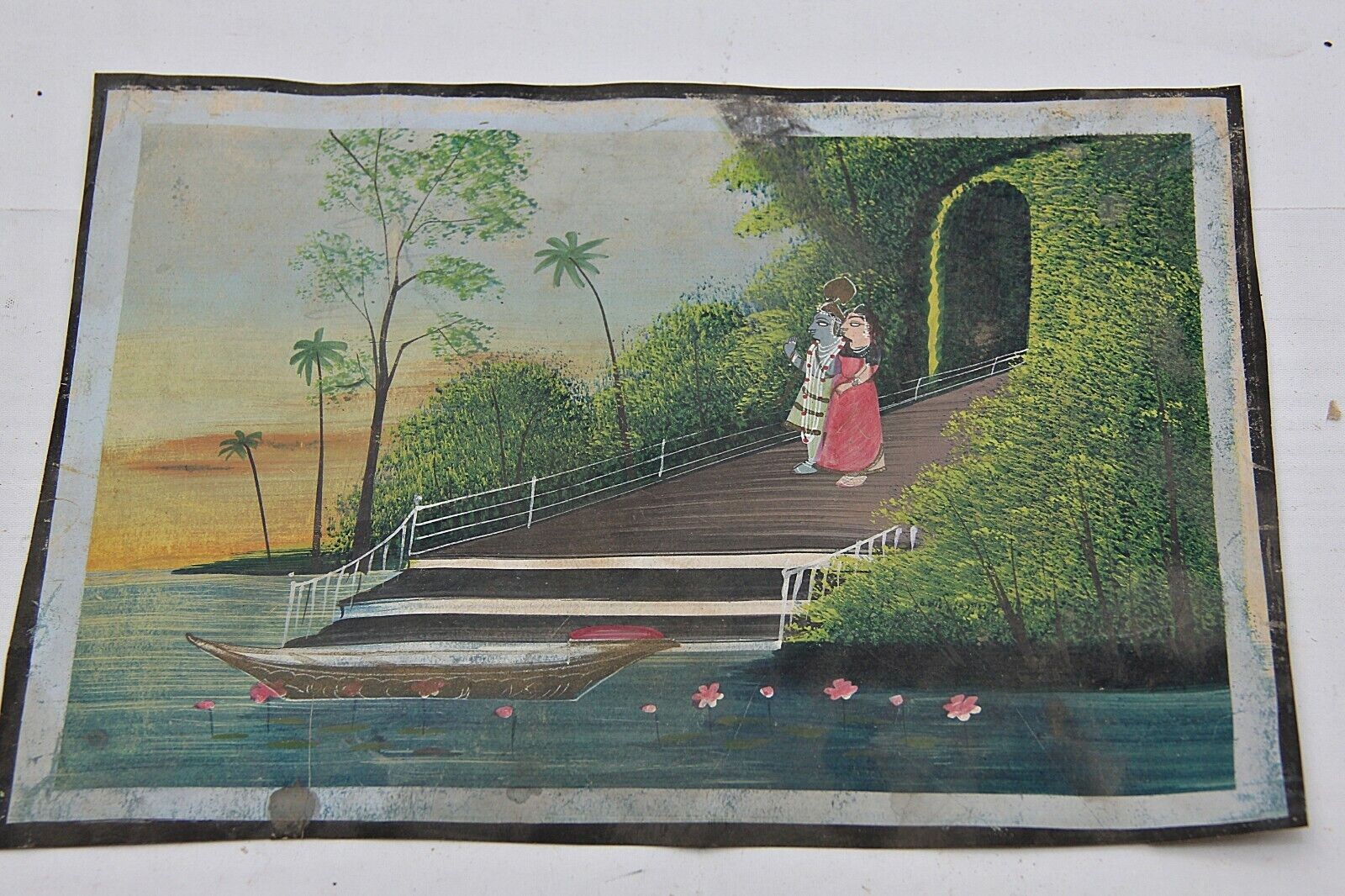 Vintage Lord Krishna and Radha Painting: Hand-Painted Hindu Art Collectible