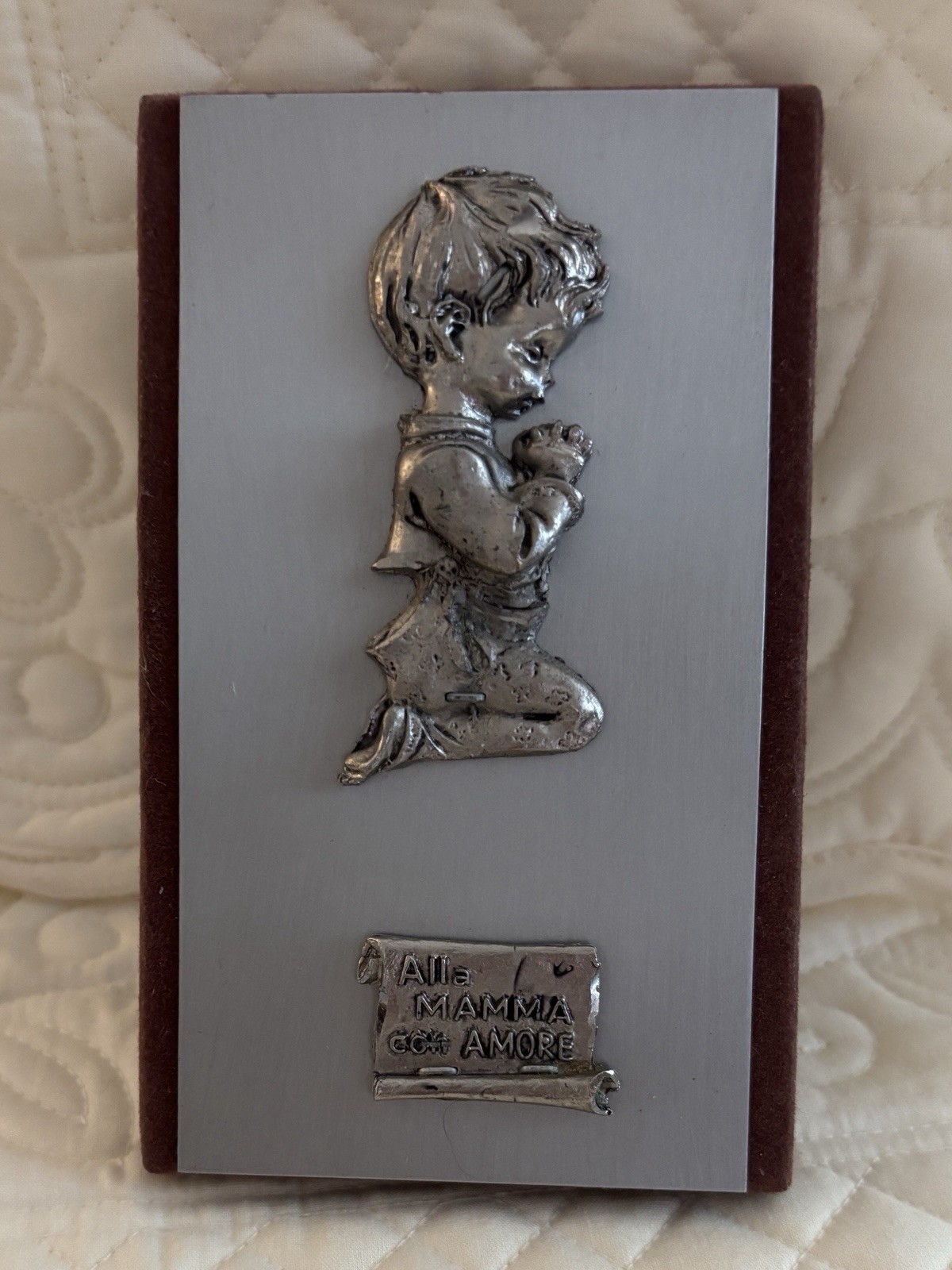 VTG Italian  Wall Plaque Boy Kneeling “Alla Mamma A more” “To Mother With Love”