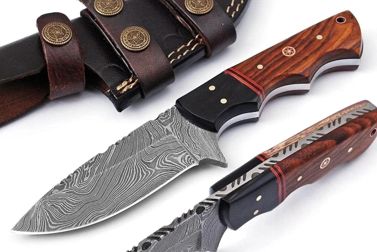 Custom Handmade Fixed Blade Hunting Damascus Knife - 8 Inch Hand Forged Full Tan