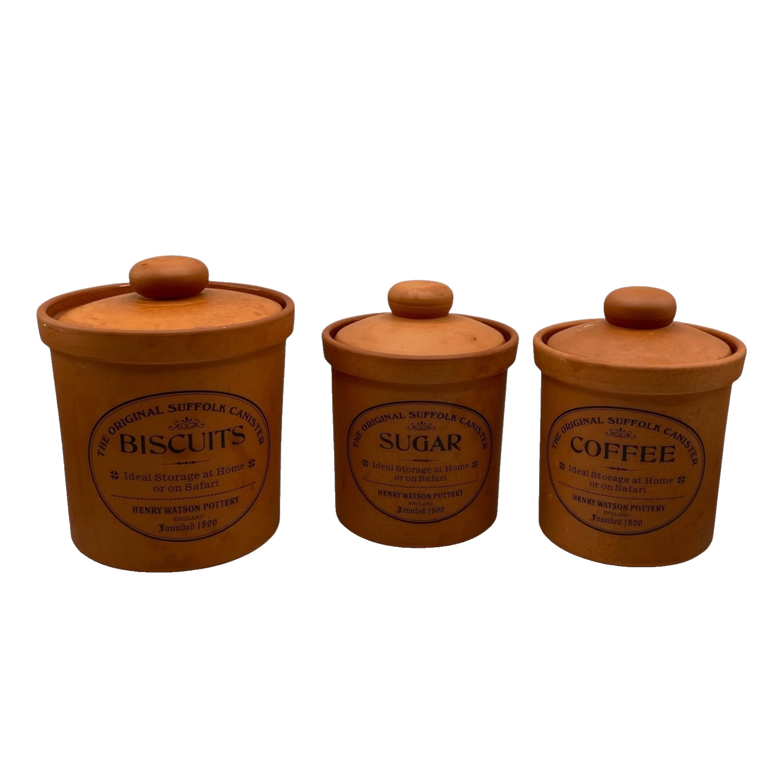 Vintage Henry Watson Terracotta Suffolk Biscuits Sugar Coffee 3pc Canister Set Vintage Henry Watson Terracotta Suffolk Biscuits Sugar Coffee 3pc Canister Set