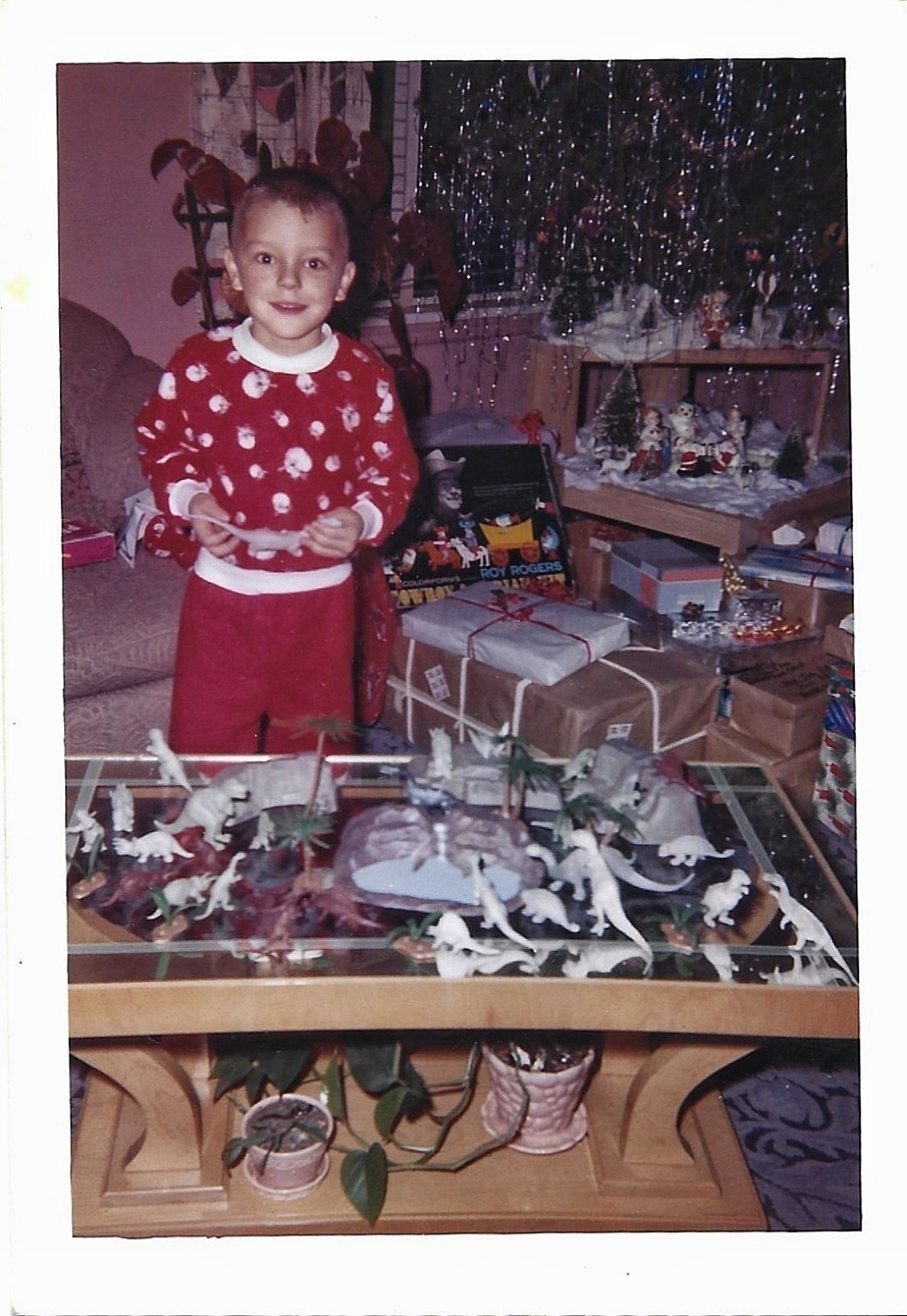 PLASTIC DINOSAUR TOYS Vintage Photo Happy Boy Christmas Miniature Dinosaurs 🦕