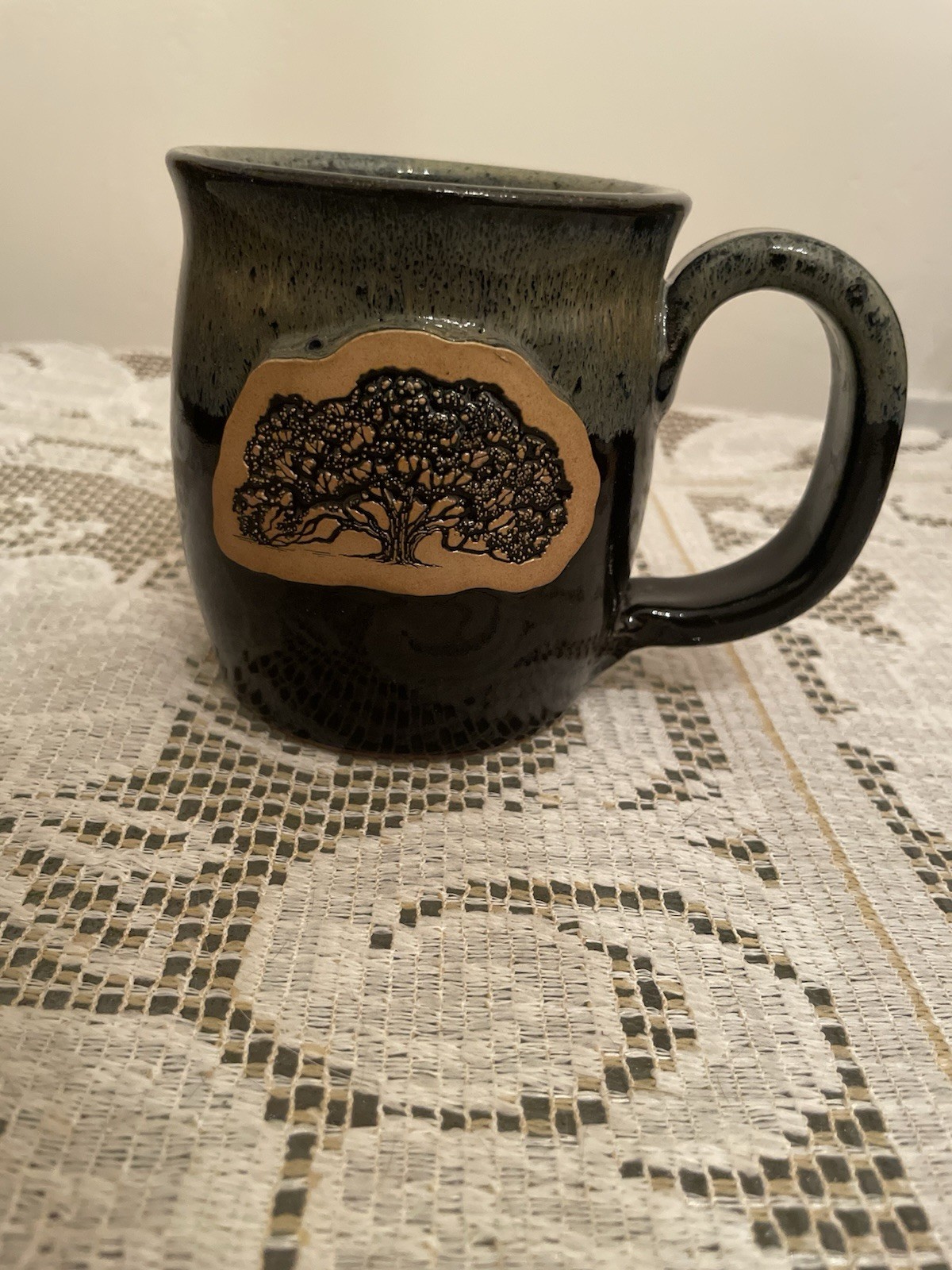 Sunset Hill Stoneware Coffee Mug Hand Handcrafted Tree Medallion Night Glaze