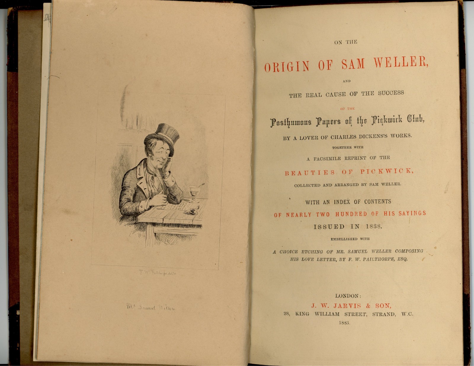 1883 Origin of Sam Weller Pickwick Papers Dickens Pamphlet Pailthorpe Etching