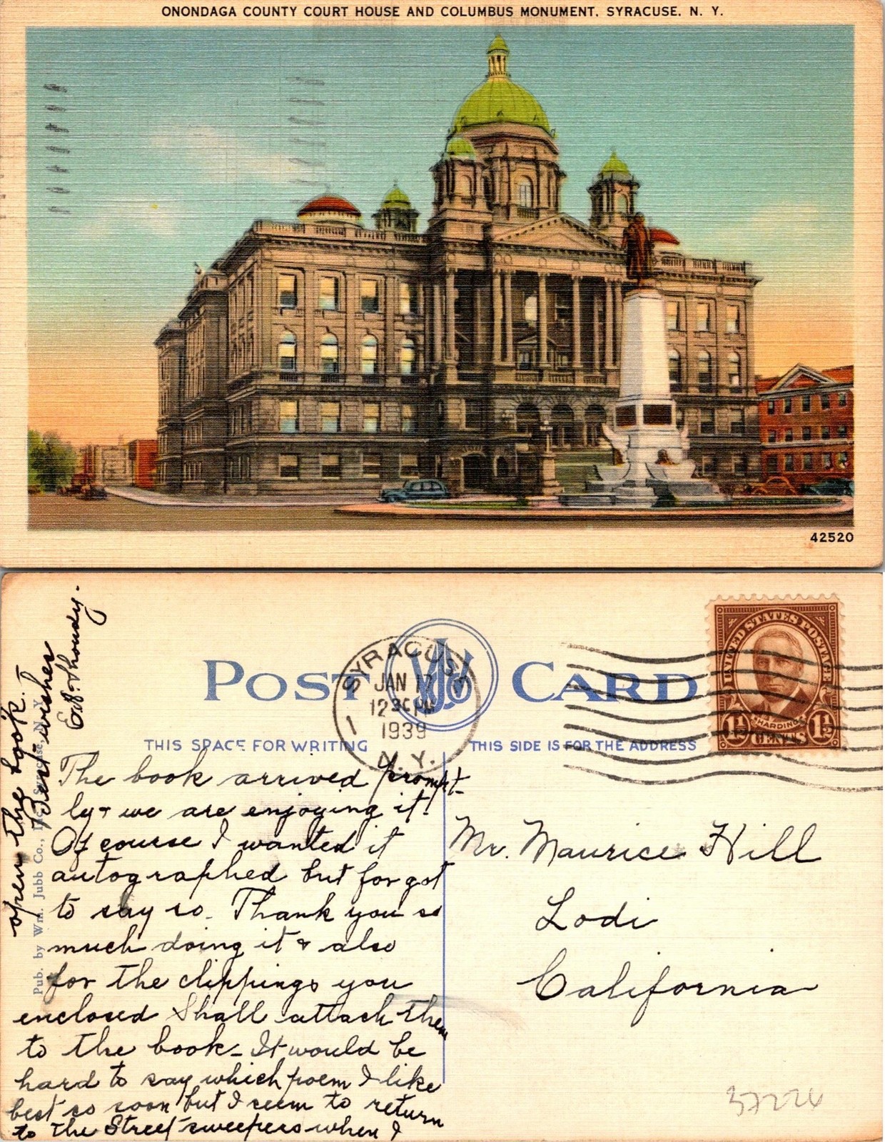 Syracuse NY Onondaga County Court House Columbus Monument Postcard Used (37226)