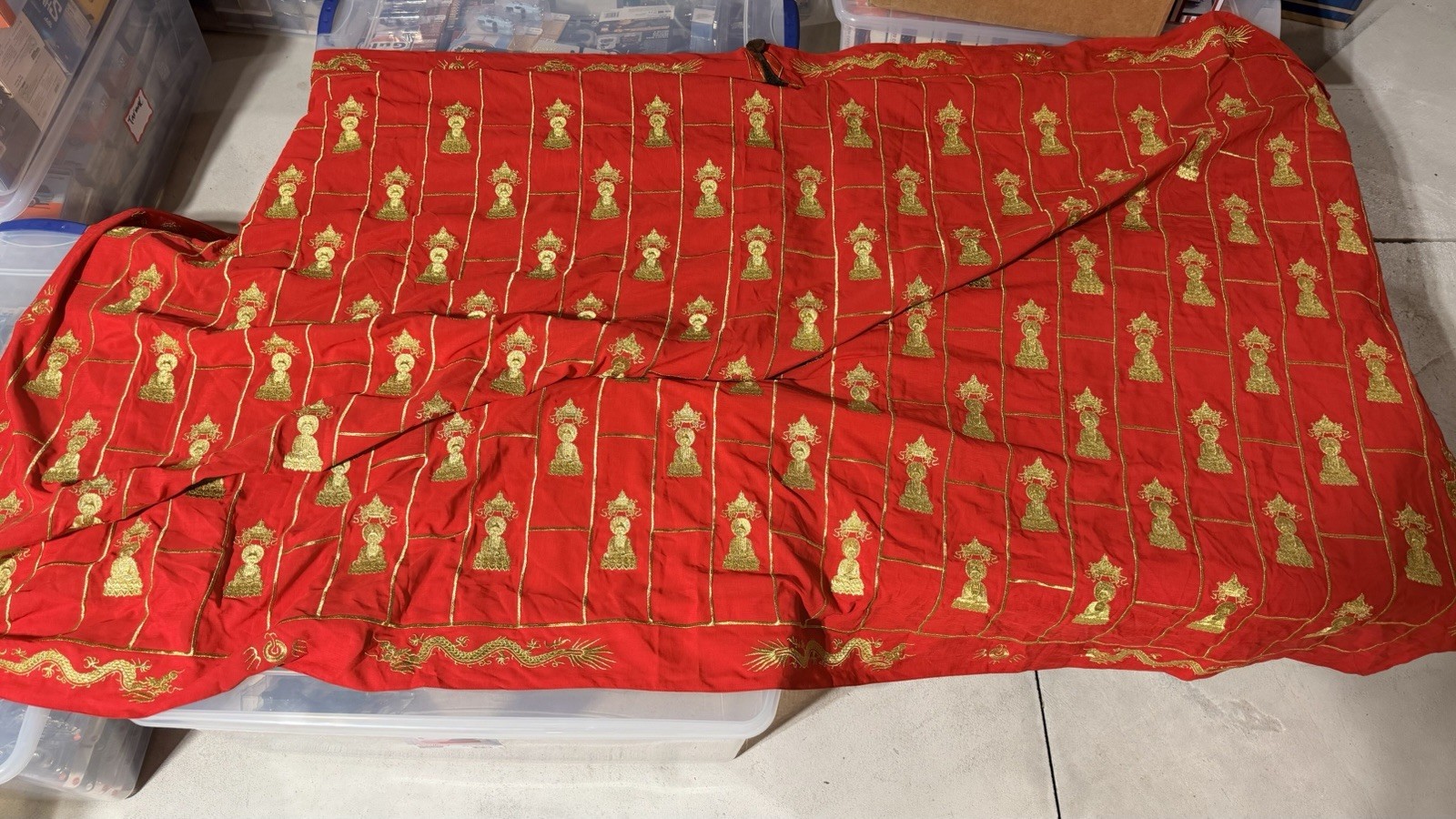 Chinese Buddhist Gold Embroidered Buddha Altar Cloth Kasaya w/ Wood Toggles Red