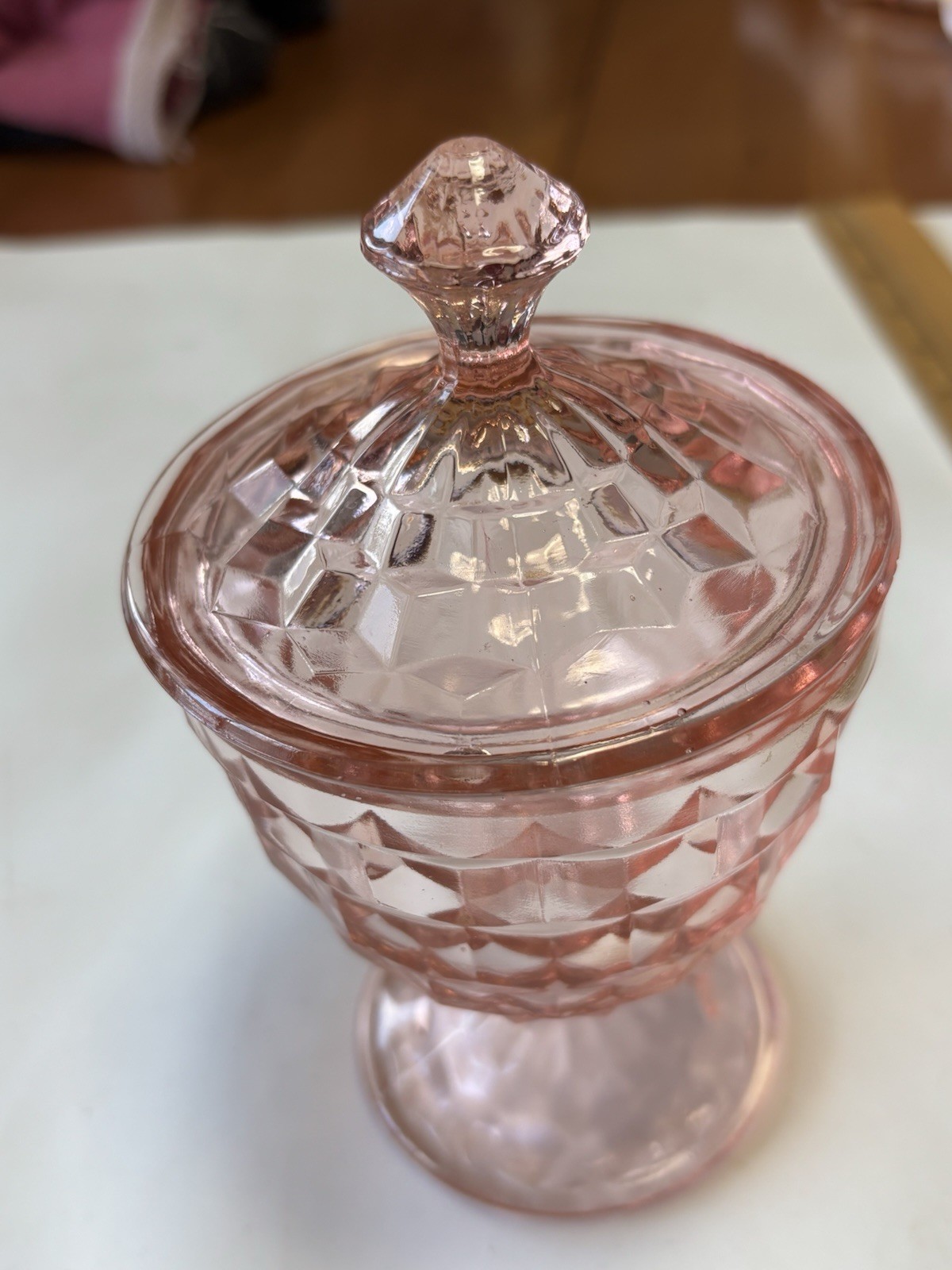 Vintage Jeanette Glass Pink Covered Dish Cubist Footed (1929-1933) Depression 