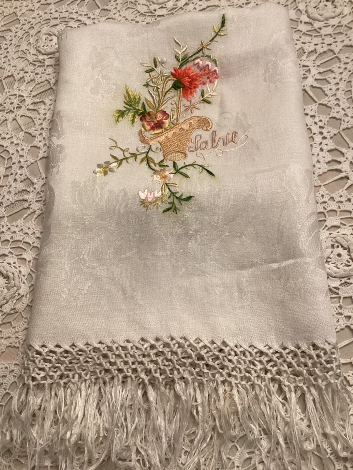 French SALVE 19thC Damask Silky Linen Hand  Floral Towel Antique Show Fringe