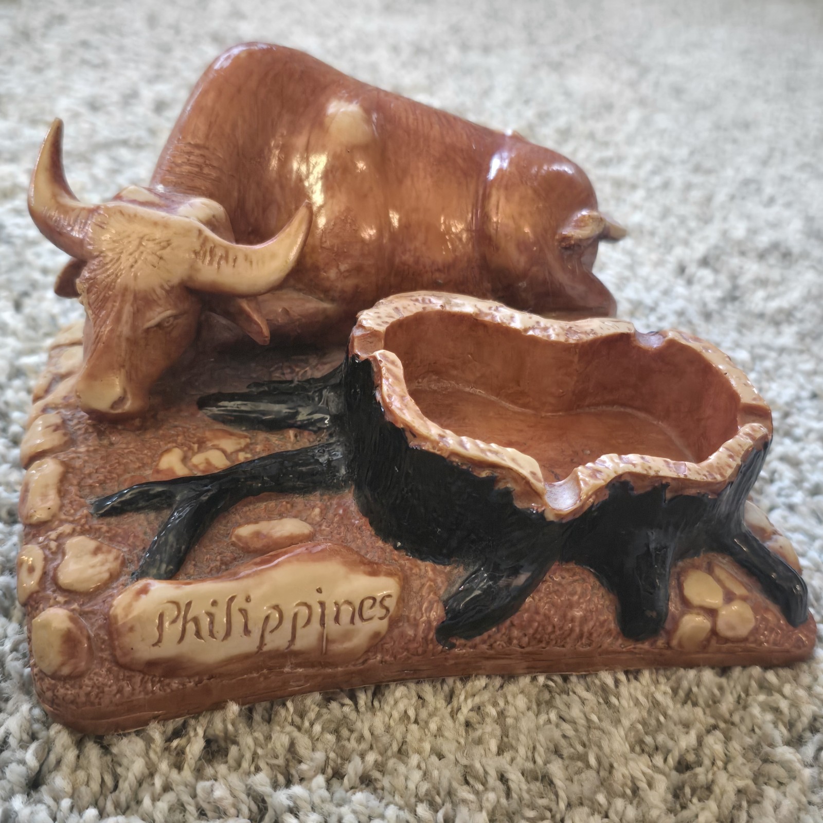 Carabao Water Buffalo Ashtray Carved Figurine Phillipines Red Velvet Bottom Vtg