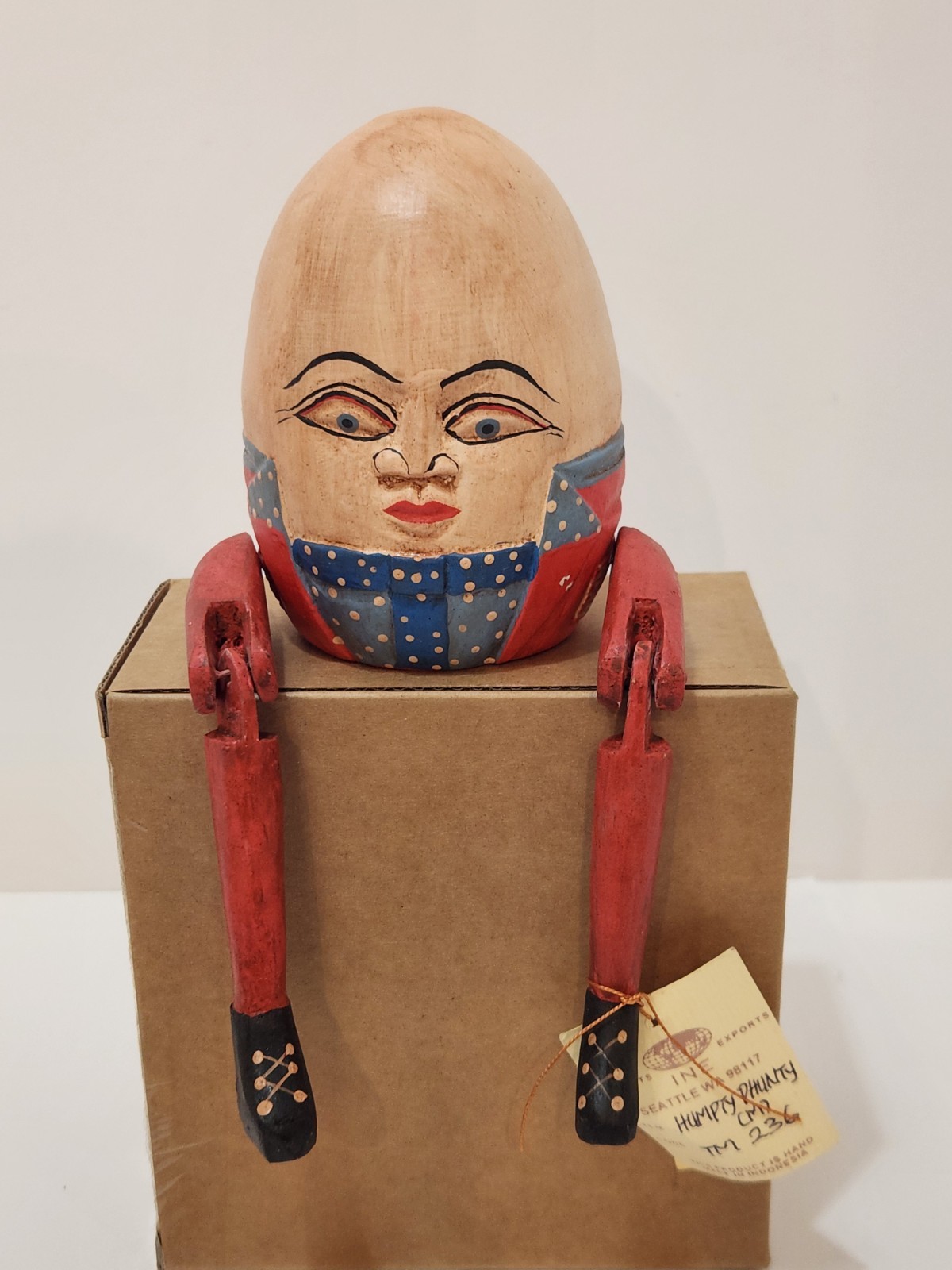 Vtg Humpty Dumpty Folk Art Carved Wooden Hand Painted Hinged Shelf Sitter