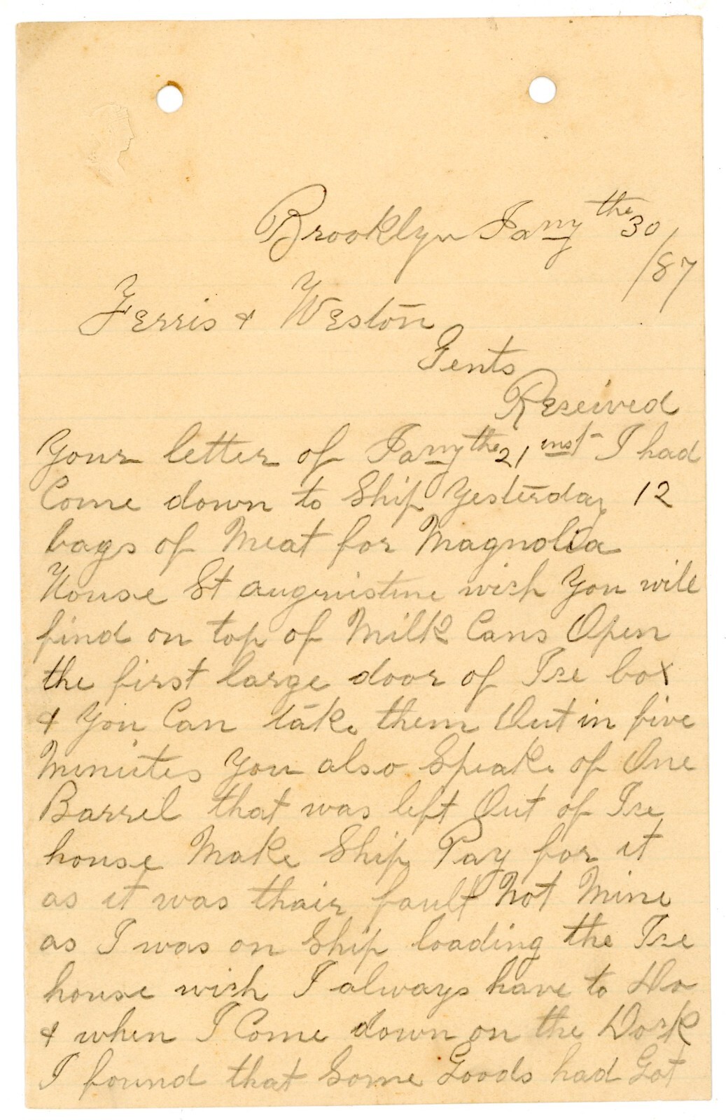 1887 Handwritten Letter Brooklyn NY Shipping Freight Dock Strike Labor Condition 1887 Handwritten Letter Brooklyn NY Shipping Freight Dock Strike Labor Condition