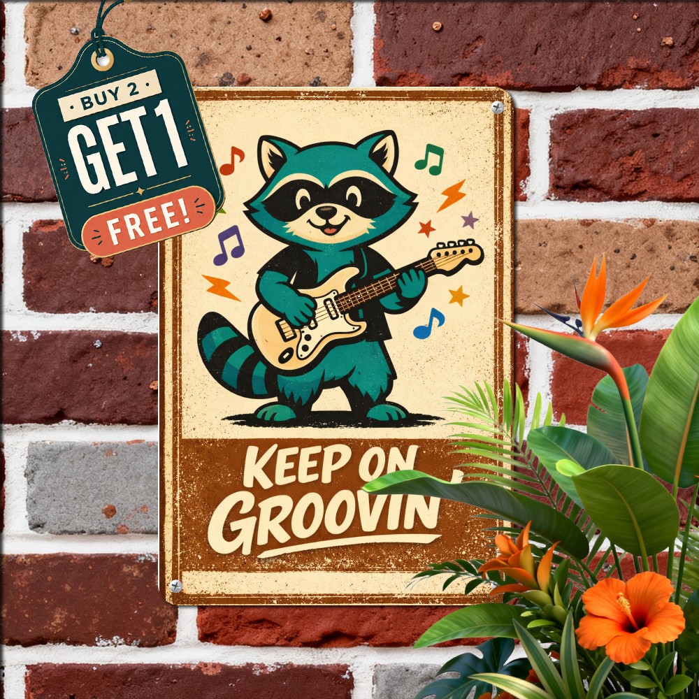 Blue Cat Playing Guitar Whimsical Cartoon Character Musical Sign Art