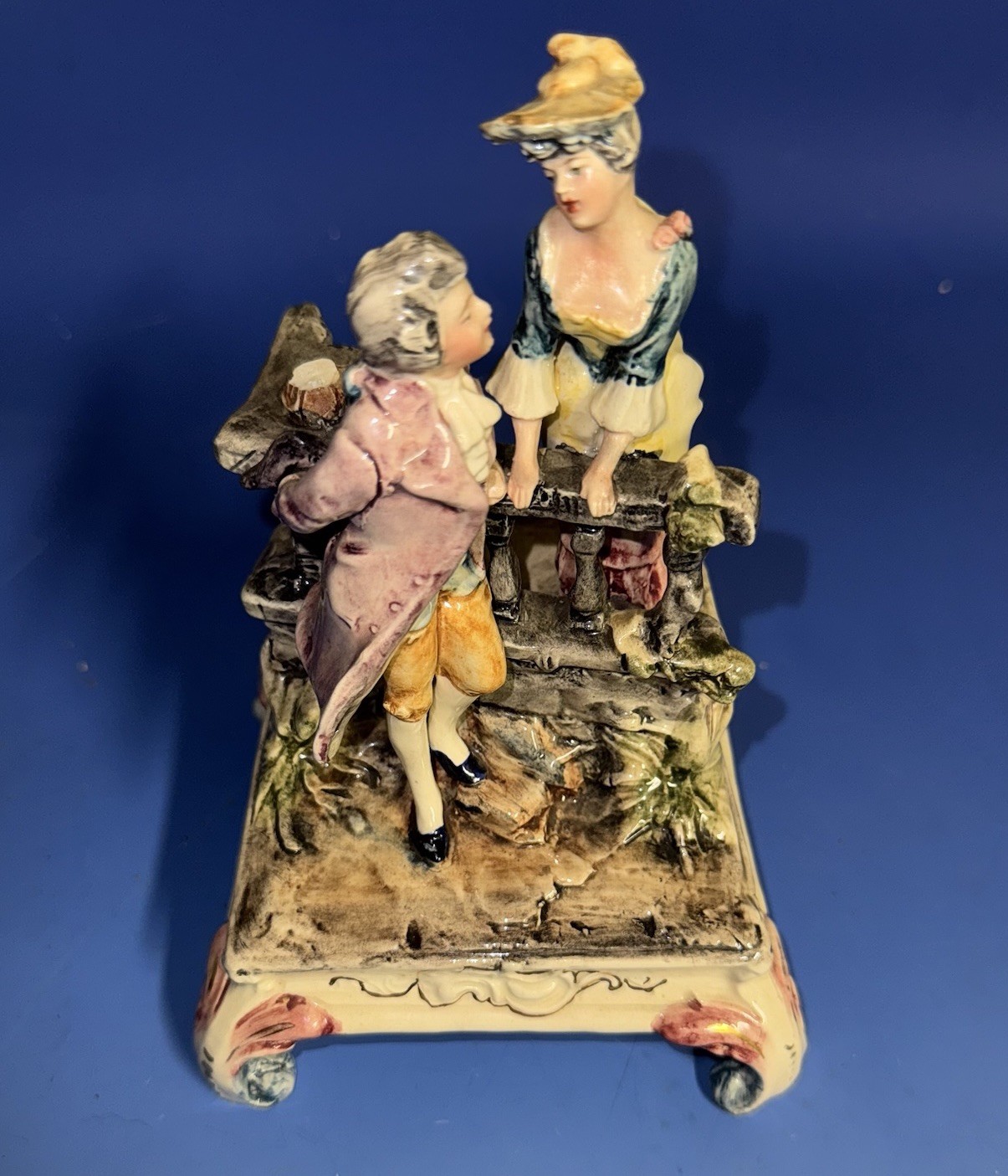 Vintage Porcelain Figurine 18th Century Style Romantic Scene Galante Footed Base