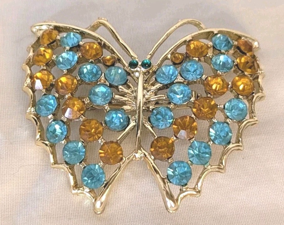 Vintage Butterfly Rhinestone Brooch Gold Tone Blue Amber Crystal Pin