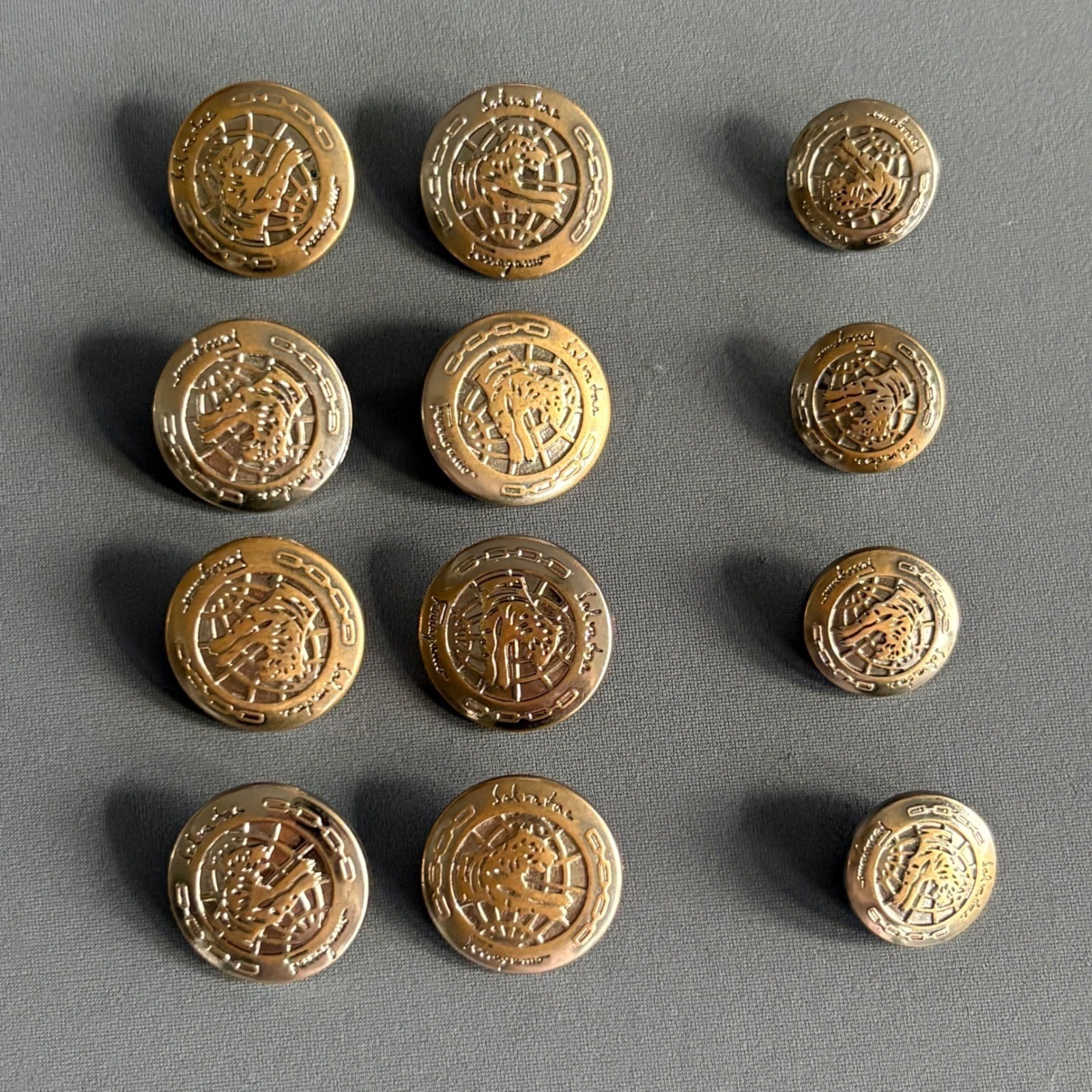 Vintage Salvatore Ferragamo Gold \'Tiger Globe\' Buttons Set 12 | Signed | 2 Sizes