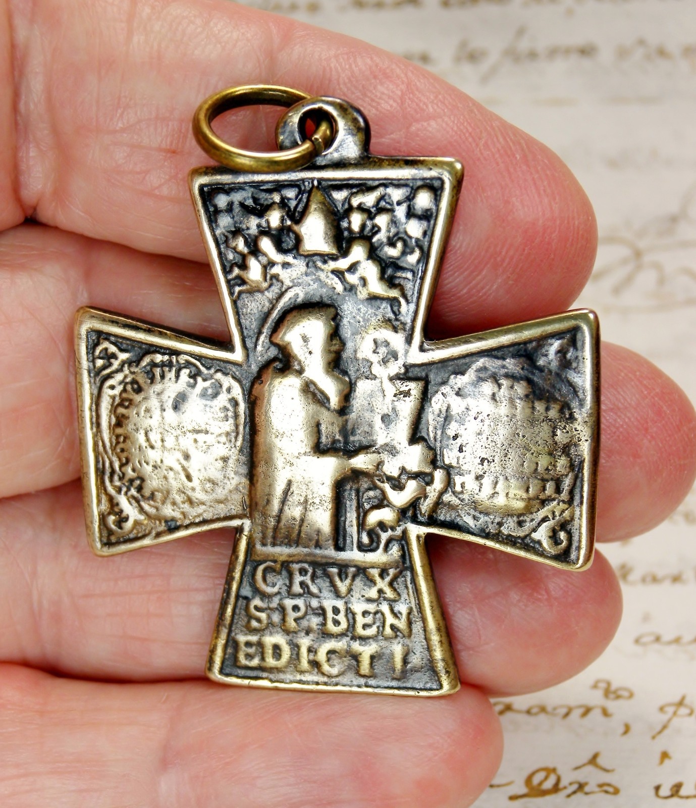 ANTIQUE 17TH CENTURY ST. BENEDICT CROSS ARCHANGEL GABRIEL MEDAL AUGSBURG GERMANY