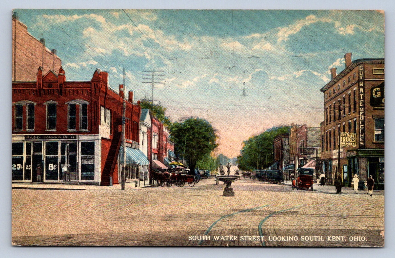 J91/ Kent Ohio Postcard c1910 South Water Street Stores Fountain 131