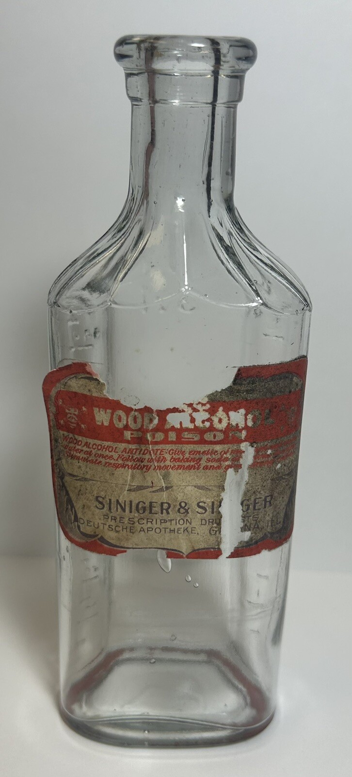 Siniger & Siniger Galena, Illinois Wood Alcohol Poison Antique Glass Bottle