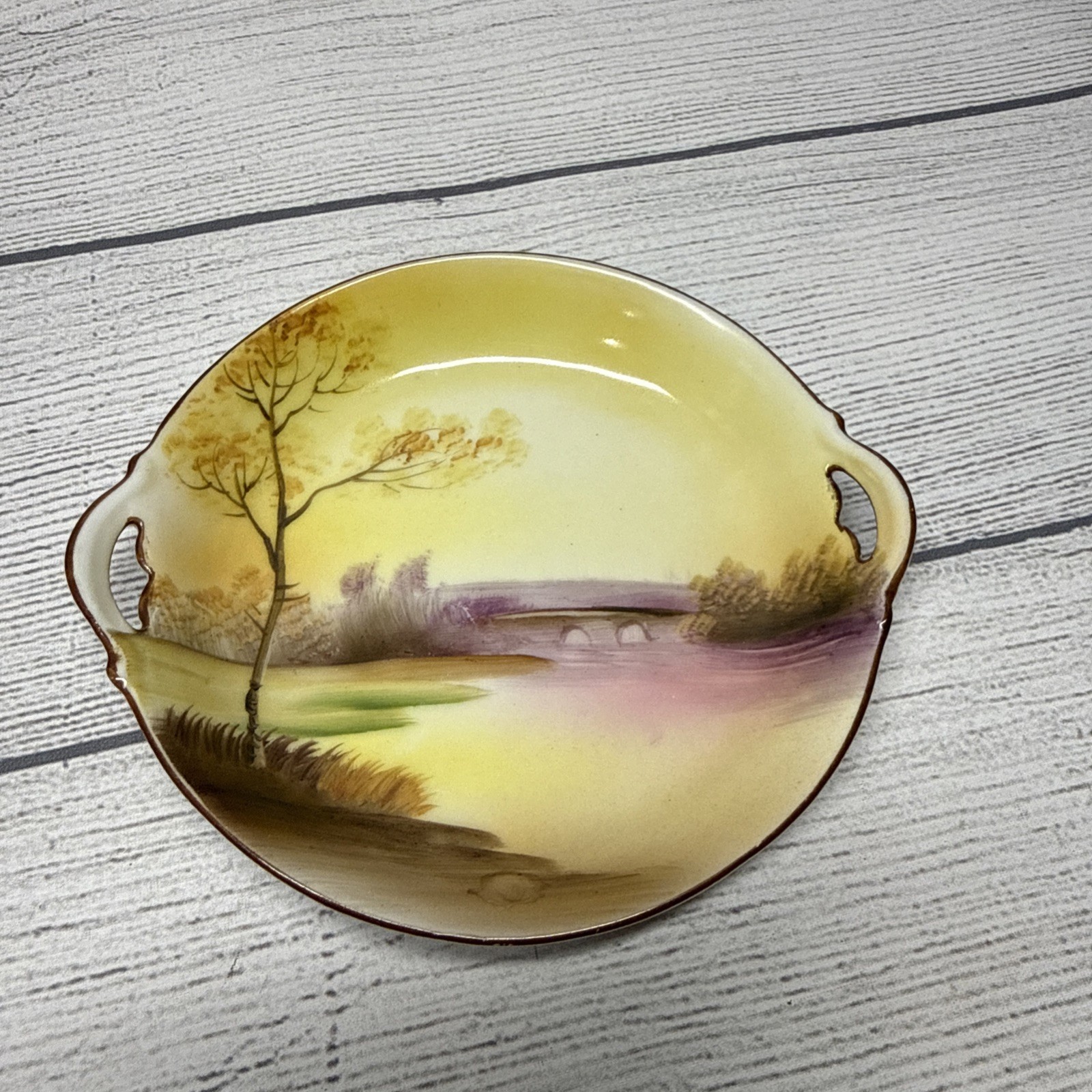 Noritake Bowl Hand Painted Bridge Tree River Yellow 5x5.5 Inches.