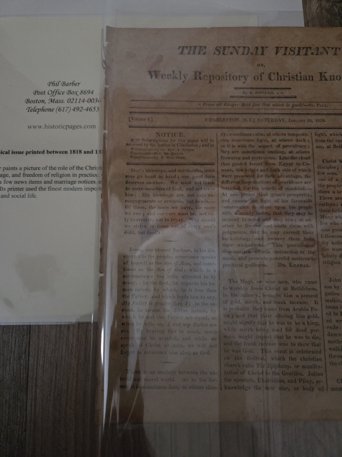 RARE 1818 Sunday Visitant Charleston SC Newspaper Antebellum South Barber COA