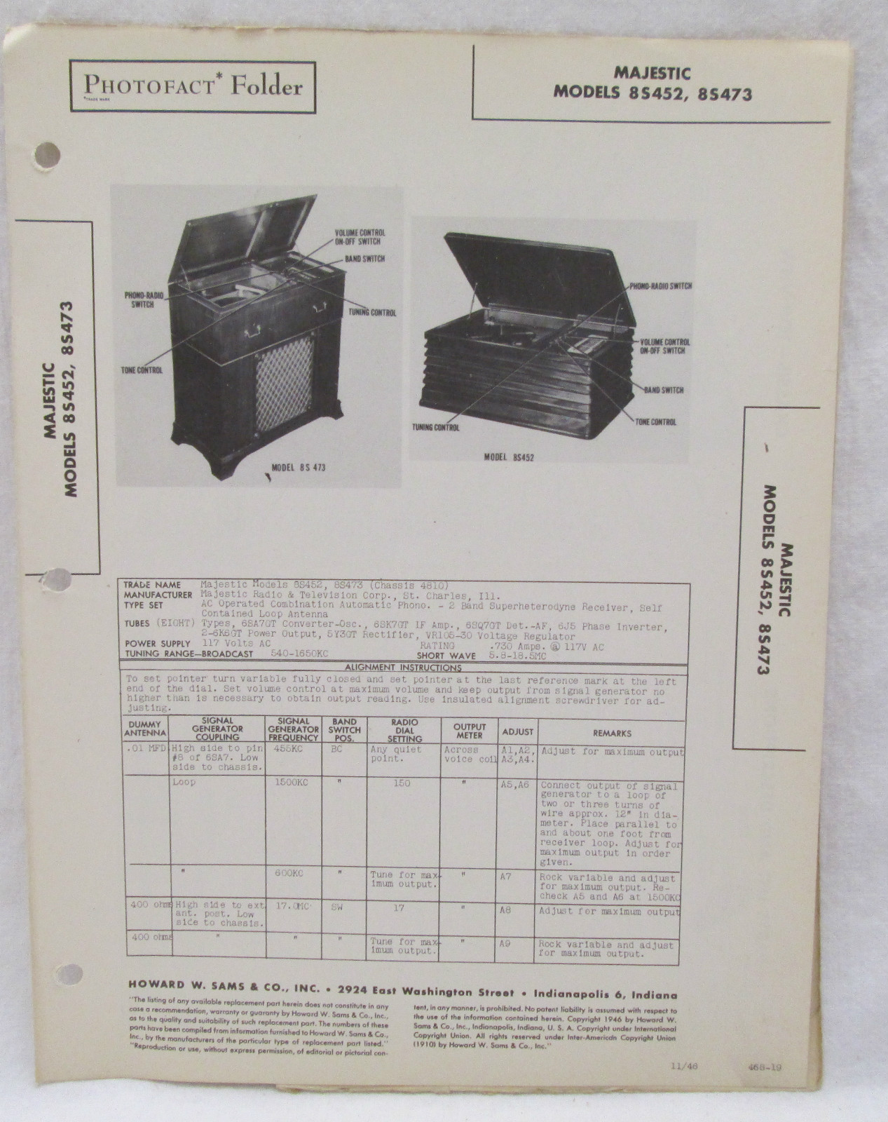 Vintage Sams Photofact Folder Majestic Model 8S452 & 8S473 Radio Parts Manual
